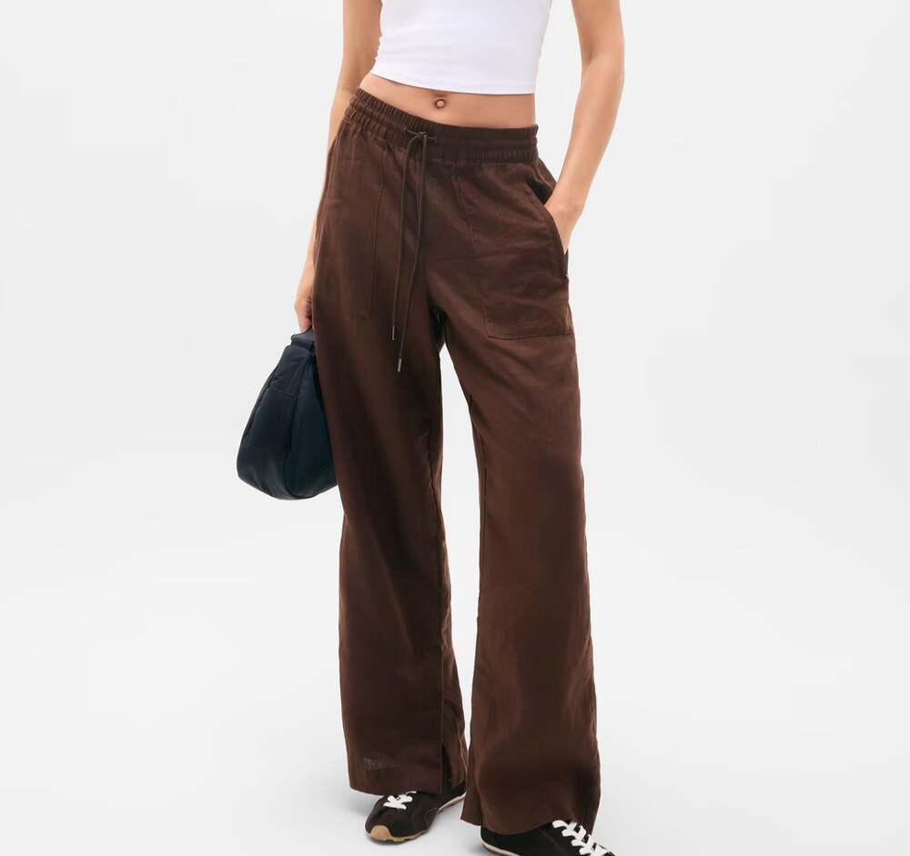 Athleta Retreat Linen High Rise Wide Leg Brown Pants NWT Size M